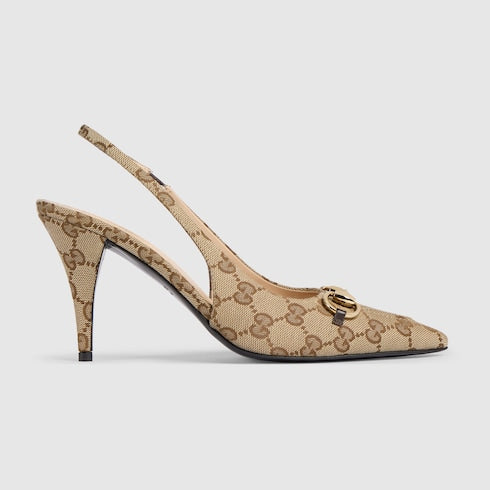 Women's slingback pump with Horsebit - beige and ebony Original GG canvas