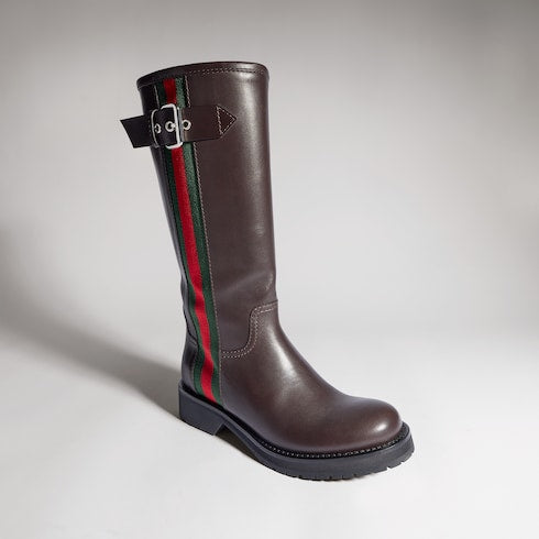 Women's biker boot with Web - brown leather