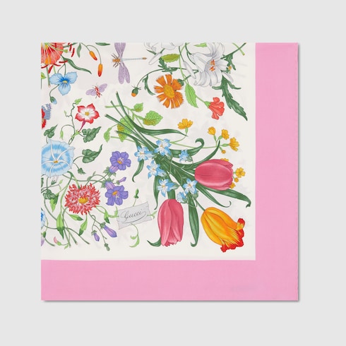 Printed Flora silk twill carré - pink and multicolor