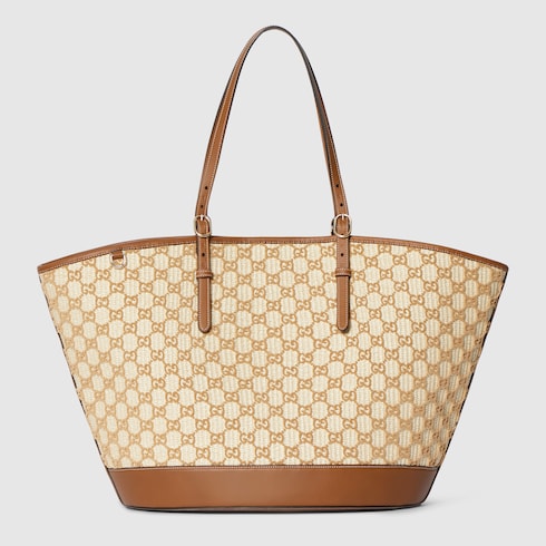 Woven large tote bag - natural and brown fabric
