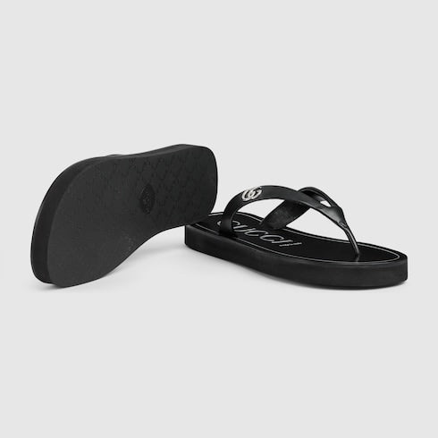 Women's thong sandal with Double G - black leather