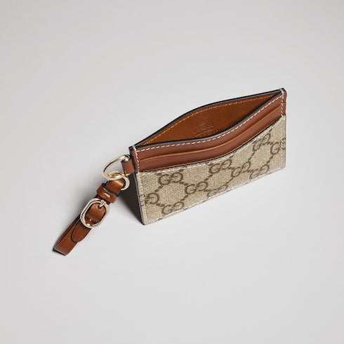 GG Emblem card case with strap - beige and dark brown fabric