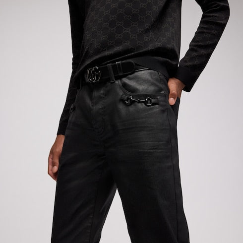 Flared coated cotton twill denim pants - black