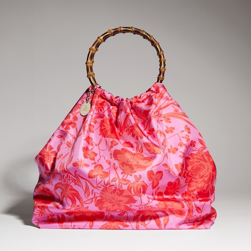 Silk maxi tote bag with bamboo handle - fuchsia and multicolor silk