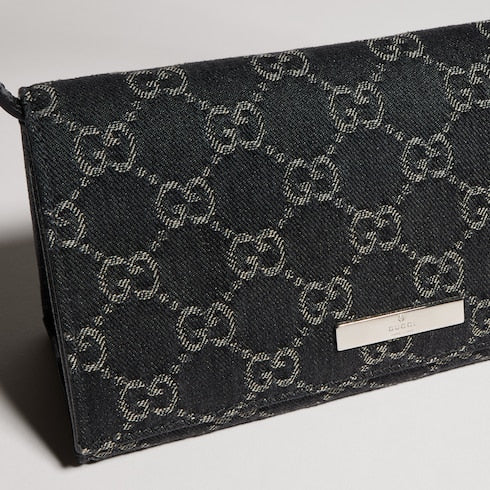Small pouch with strap and Gucci plaque - black GG denim