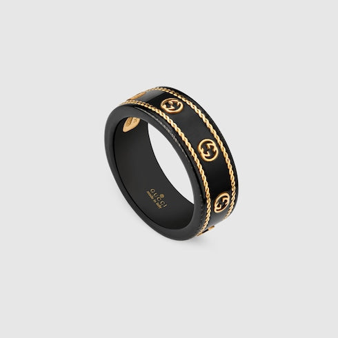18K Yellow Gold And Black Icon Ring With Interlocking G - 18K Yellow Gold And Black