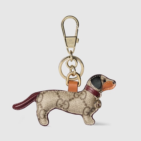 Dog-shaped bag charm - beige and dark brown canvas