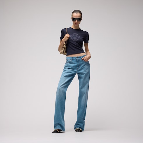 Bleached washed cotton denim pants - blue