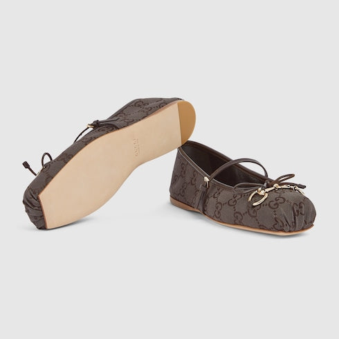 Women's Gucci Horsebit ballet flat - dark brown GG canvas