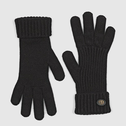 Wool cashmere gloves with Double G - black