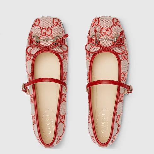 Children's ballet flat with Horsebit - beige and red GG canvas