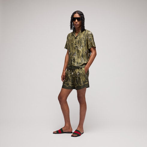 Printed silk bowling shirt - dark green and beige