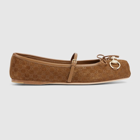 Women's Gucci Horsebit ballet flat - light brown mini GG suede