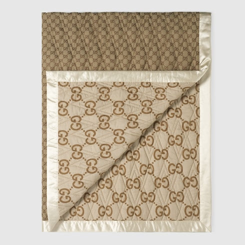 Double-sided GG quilted cotton blanket - dark beige and ivory