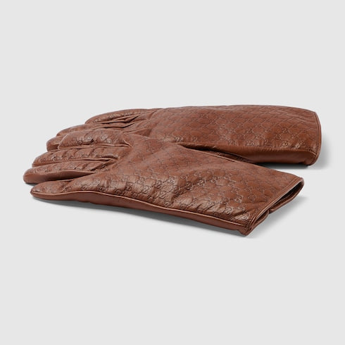Embossed GG leather gloves - brown