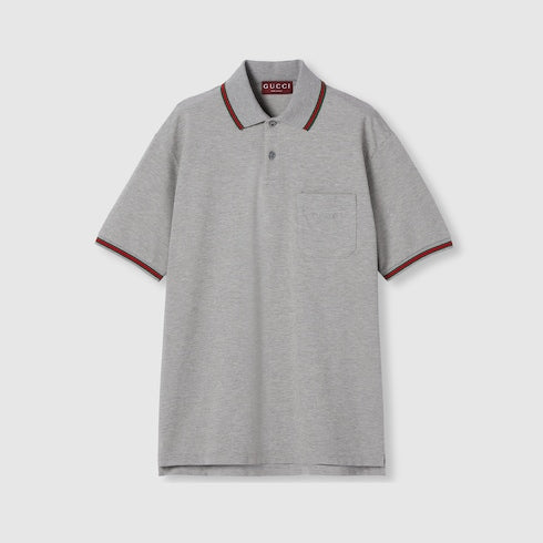 Cotton piquet polo shirt with embroidery - grey mélange