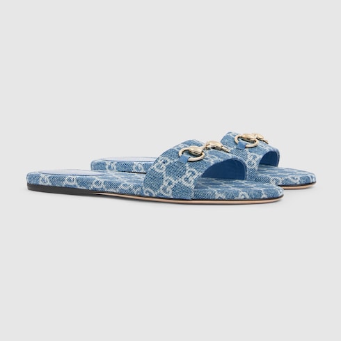 Women's slide sandal with Horsebit - blue GG denim