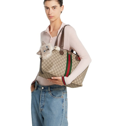 GG Monogram small pet tote bag - beige and dark brown fabric