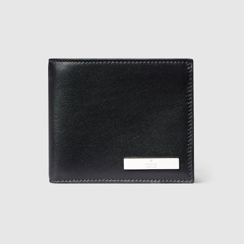 Bi-fold wallet with metal tag - black leather