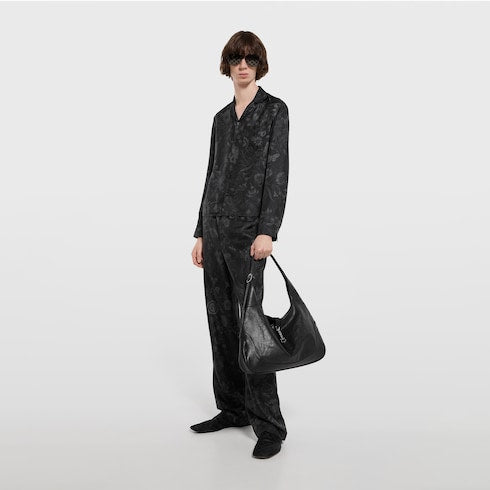 Printed silk twill bowling shirt - black and grey