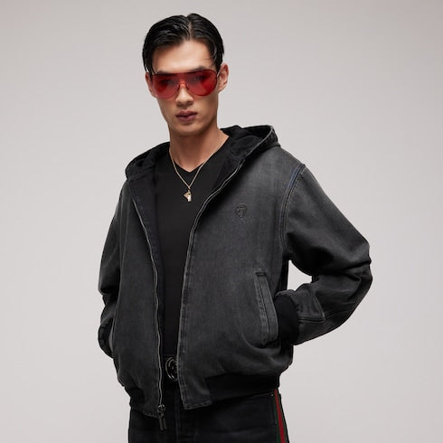 Reversible cotton denim zip jacket - black and dark grey