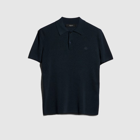 Technical knit fabric polo shirt with embroidery - dark blue