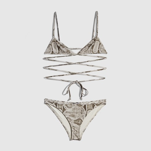 Printed stretch jersey bikini - ivory and brown