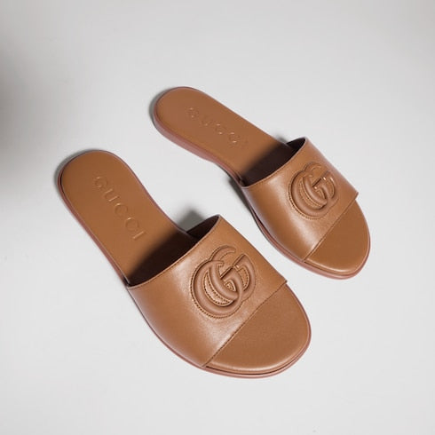 Women's slide sandal with Double G - brown leather