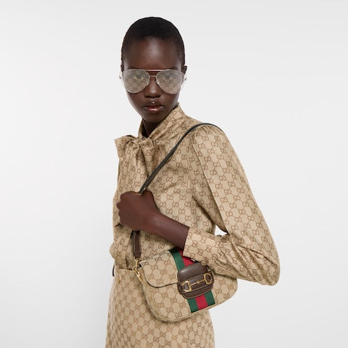 Gucci Horsebit 1955 small shoulder bag - sand and brown GG canvas