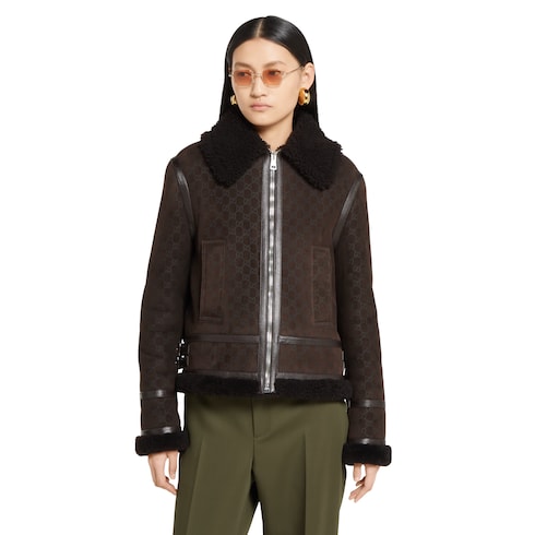 Printed suede shearling jacket - dark brown