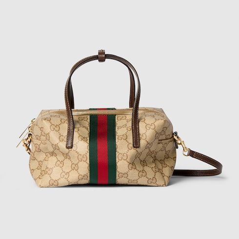 Mini boston bag with Web - sand and brown GG canvas