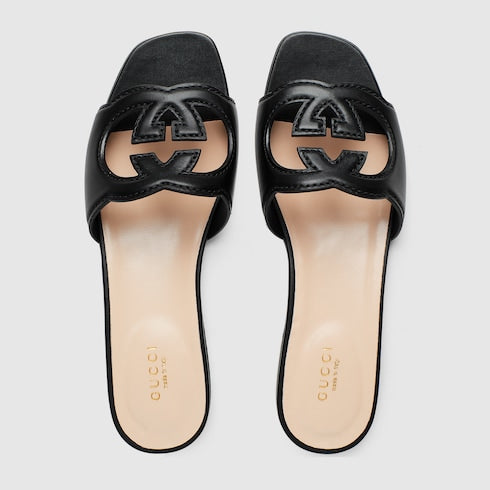 Women's slide sandal with Interlocking G - black leather