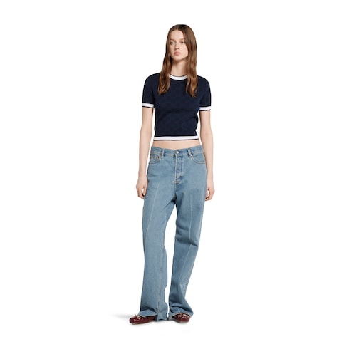 GG fine cotton jacquard top - navy and white