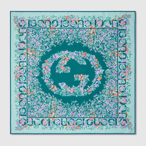 Printed silk twill carré - aquamarine and lilac