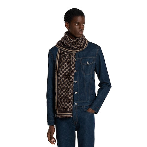 GG wool jacquard scarf - dark brown and beige