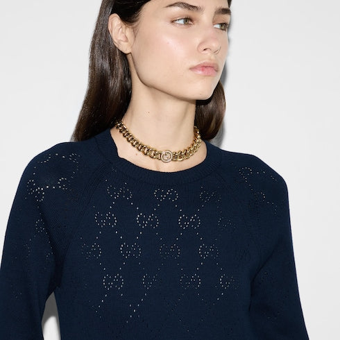 Cotton crewneck top with GG argyle - navy