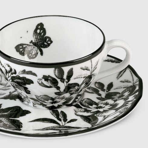 Herbarium teacup and saucer, set of two - black and white porcelain