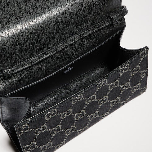 Small pouch with strap and Gucci plaque - black GG denim