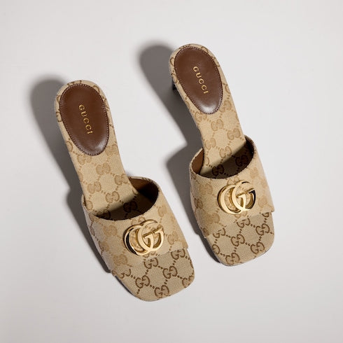 Women's slide sandal with Double G - sand and brown GG canvas