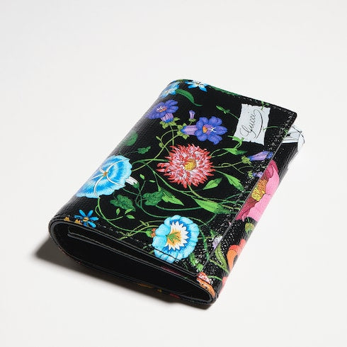 Flora-motif bi-fold card case - black and multicolor canvas