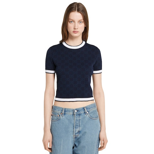 GG fine cotton jacquard top - navy and white