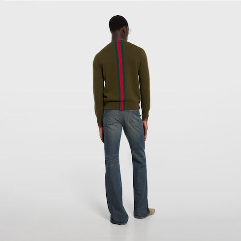 Knit wool sweater with Web intarsia - dark green