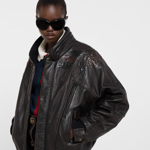 Leather with aged effect bomber jacket - dark brown