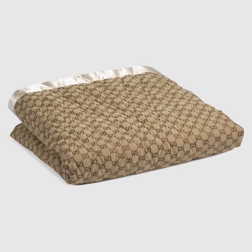 Double-sided GG quilted cotton blanket - dark beige and ivory