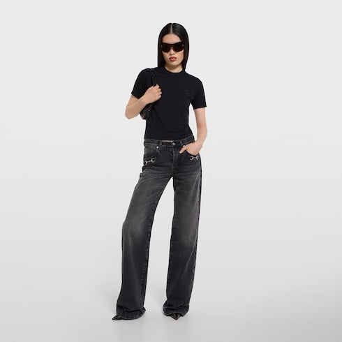 Cotton denim pants with Horsebit - dark grey