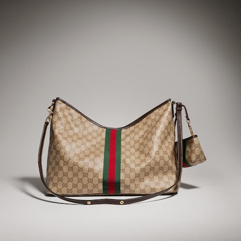 Large shoulder bag with Web - sand and brown GG canvas