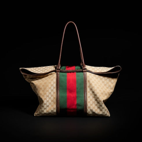 Medium GG duffle bag with Web - sand and brown GG canvas