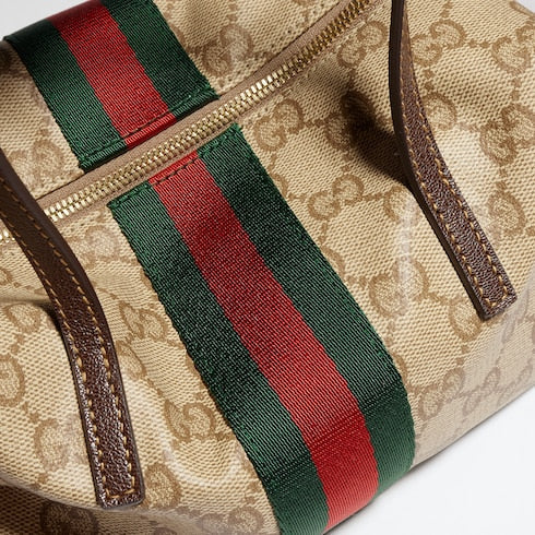 Mini boston bag with Web - sand and brown GG canvas