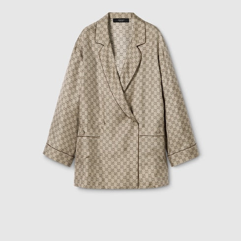 Printed silk twill shirt - beige and dark brown