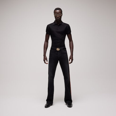 Cotton denim pants with Web - black